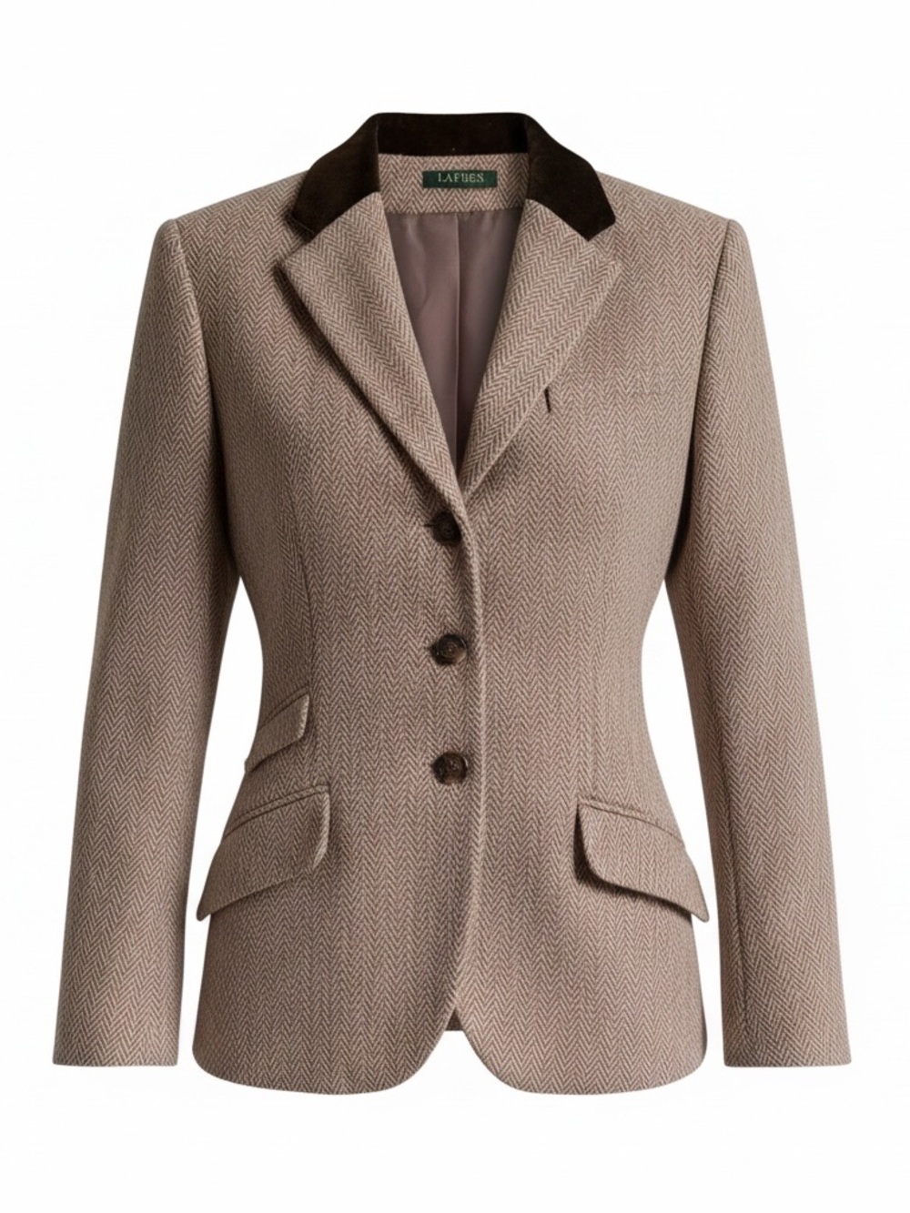 Ralph Lauren brown herringbone wool blazer with brown collar, size 14